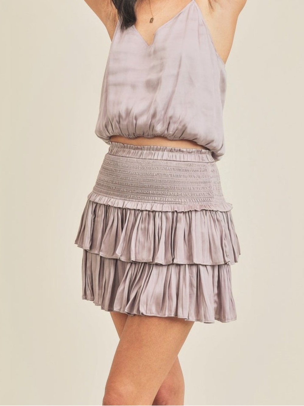 Pants Store Smocked Waist Tiered Ruffle Mini Skirt in Lavender
